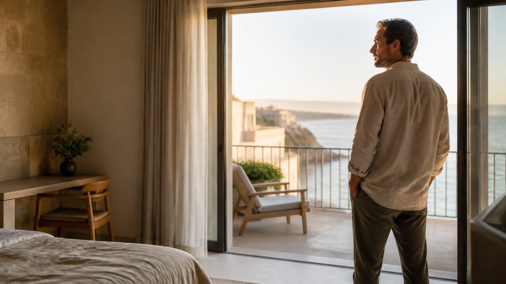 A Buji guest arriving at a calm coastal hotel