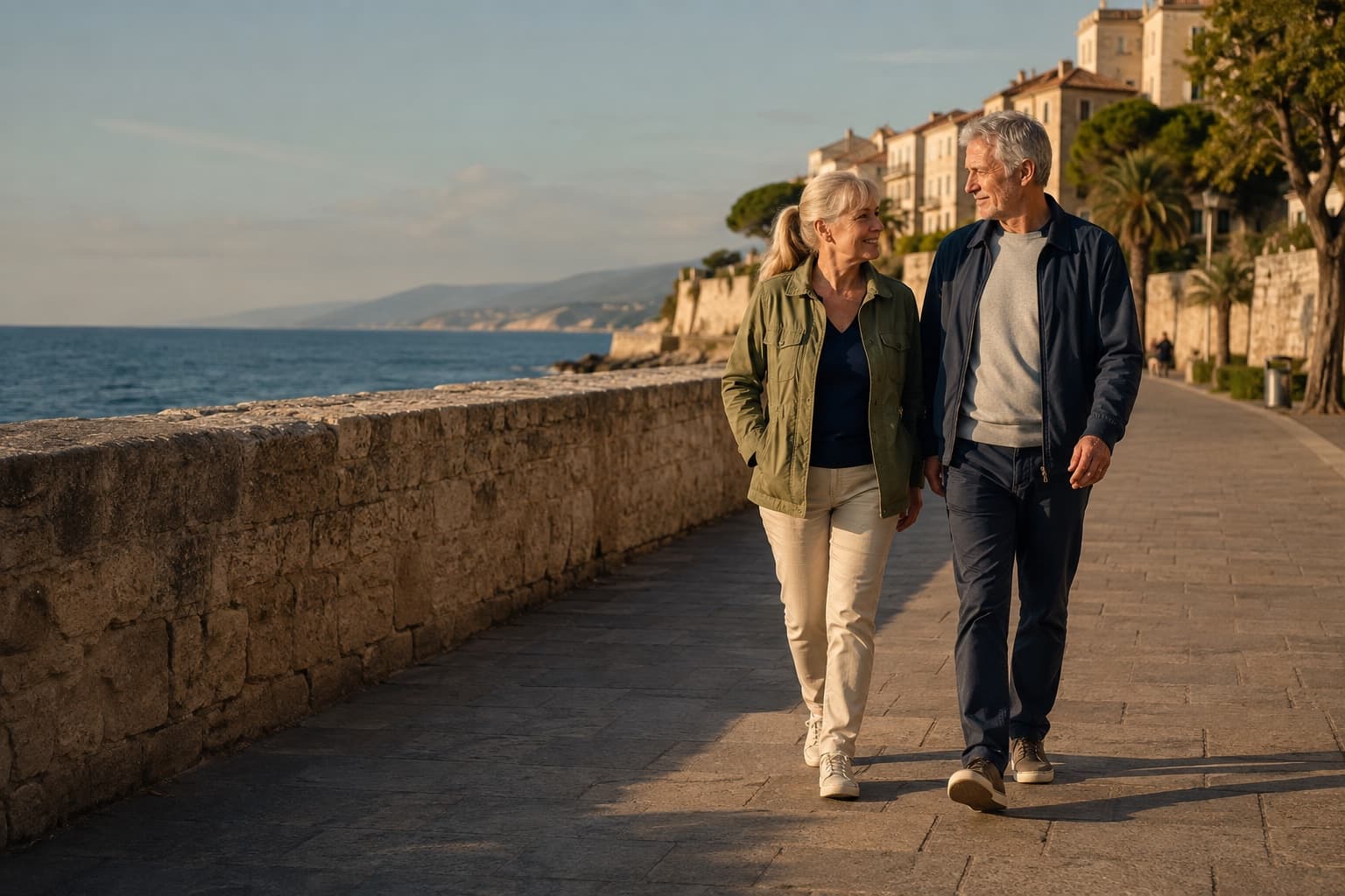 A couple walking together beside the coast