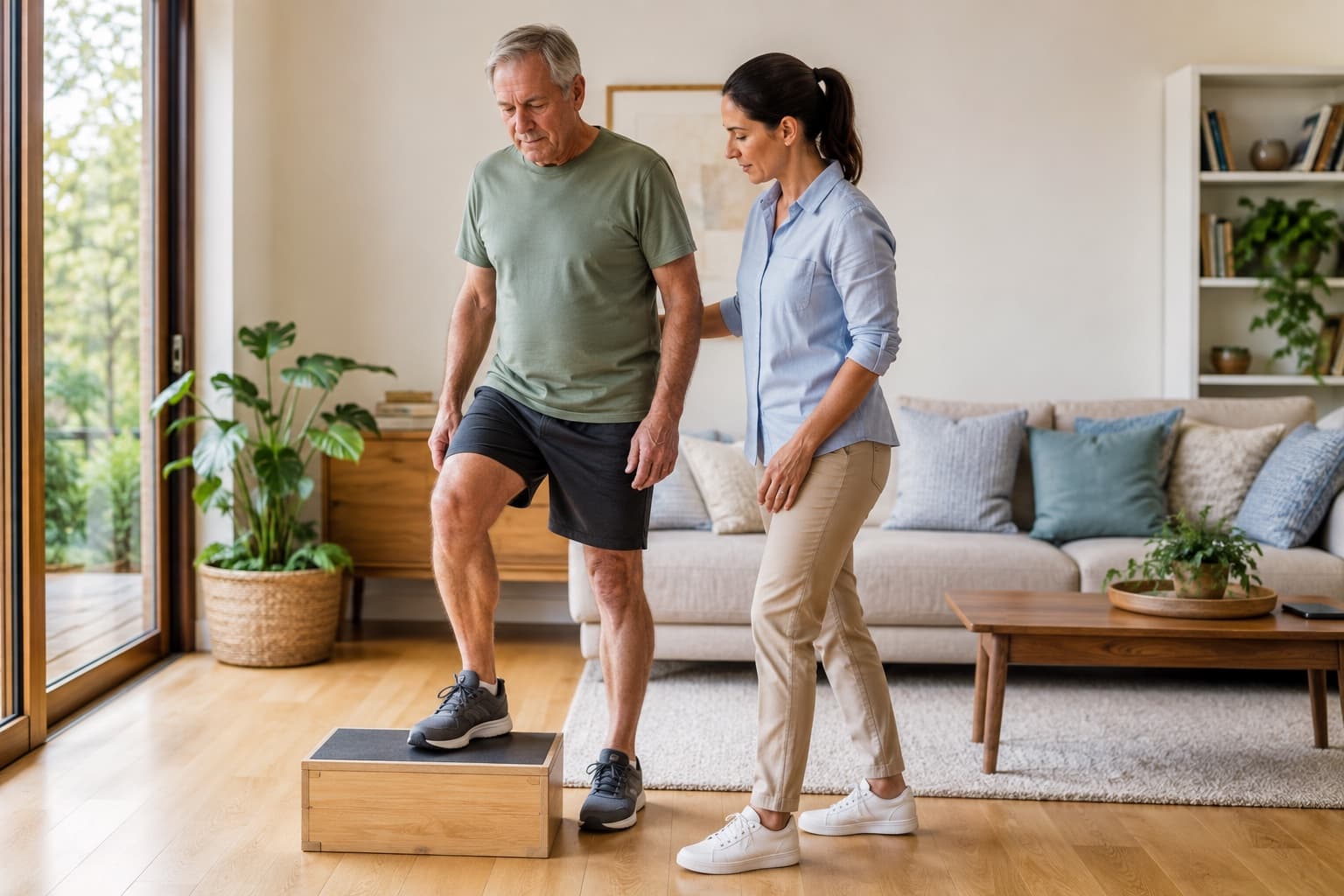 A physiotherapist guiding a supported step exercise at home