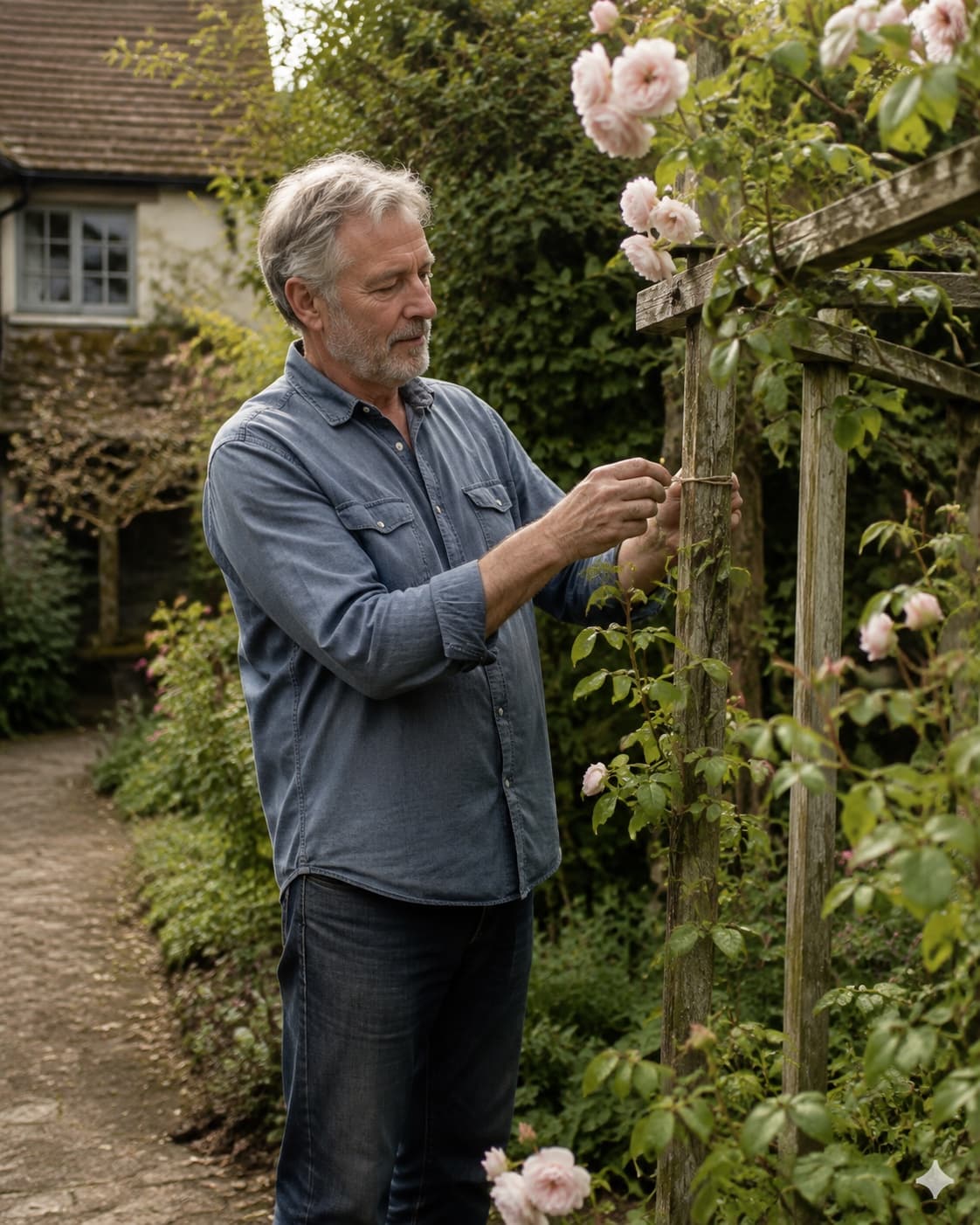 A man tending climbing roses in his garden