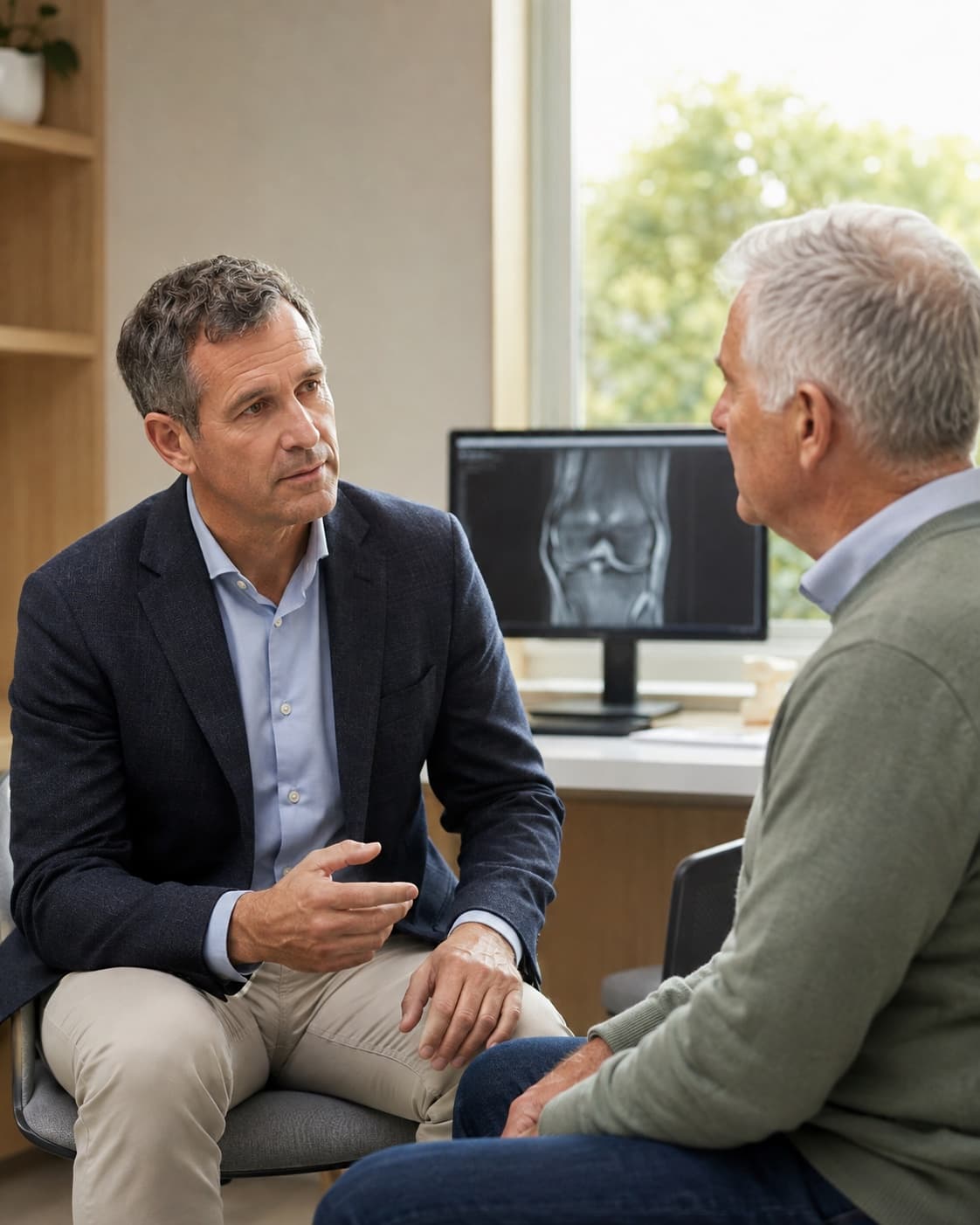 An orthopaedic surgeon listening during a joint care consultation