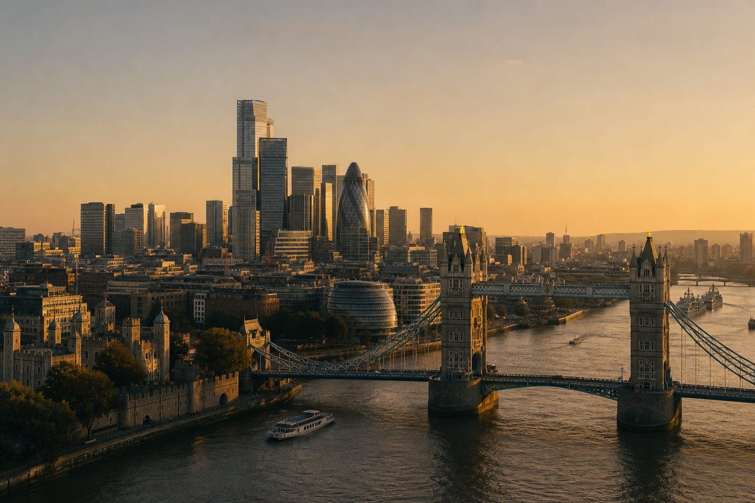 London skyline at sunset with Tower Bridge over the Thames