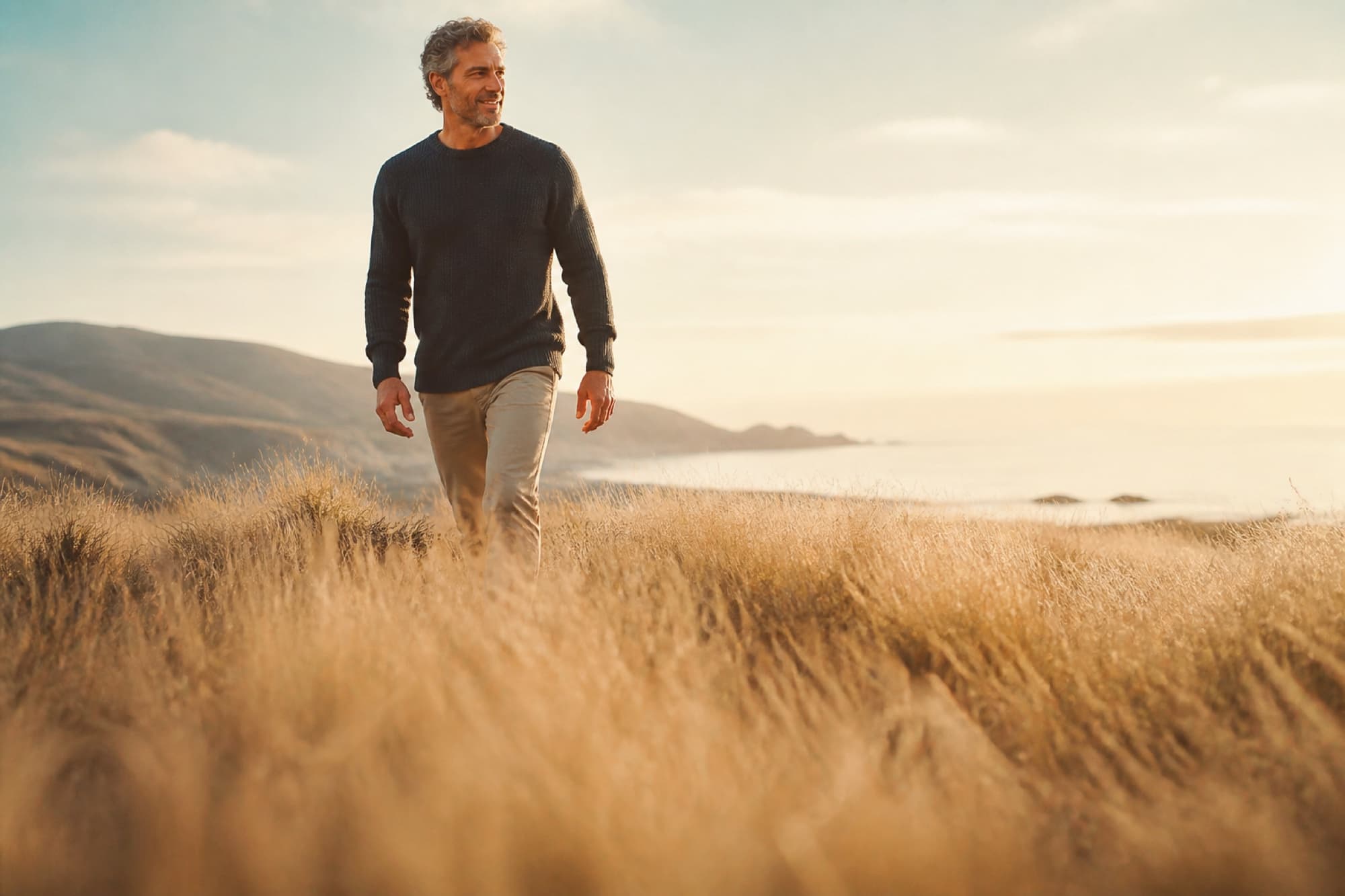 A man walking through coastal grass at golden hour