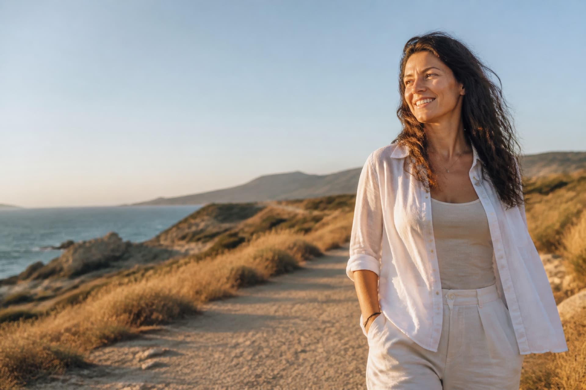 A man smiling on a coastal path at golden hour