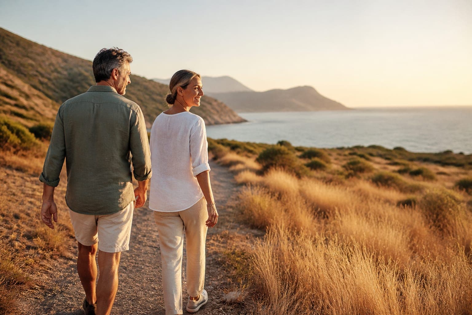 Two people walking a coastal path in warm evening light