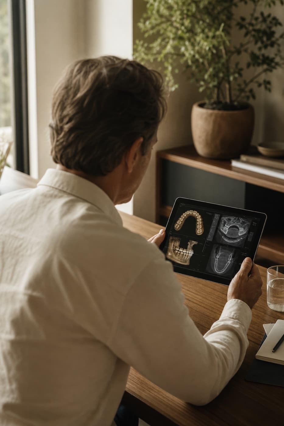 A dentist reviewing a dental scan and treatment plan