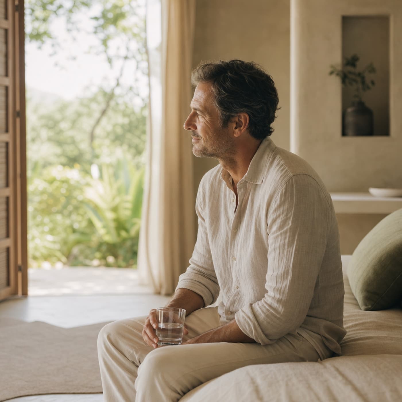 A man resting in a quiet hotel room during recovery