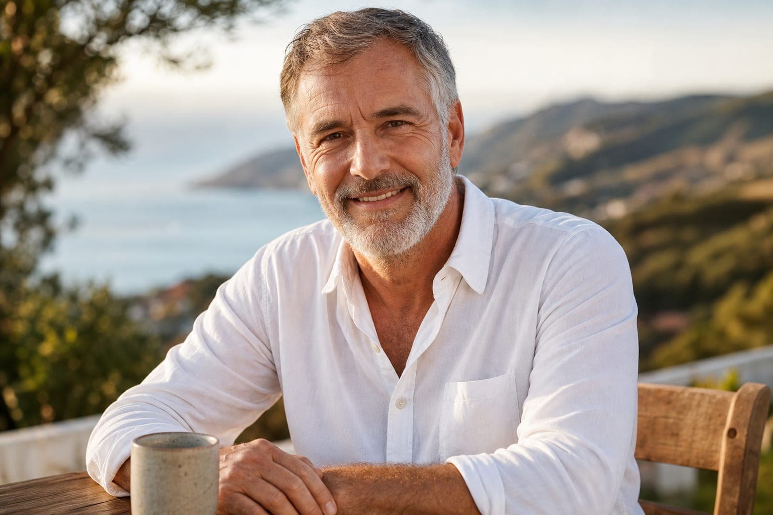 A man sitting outdoors in late-afternoon light