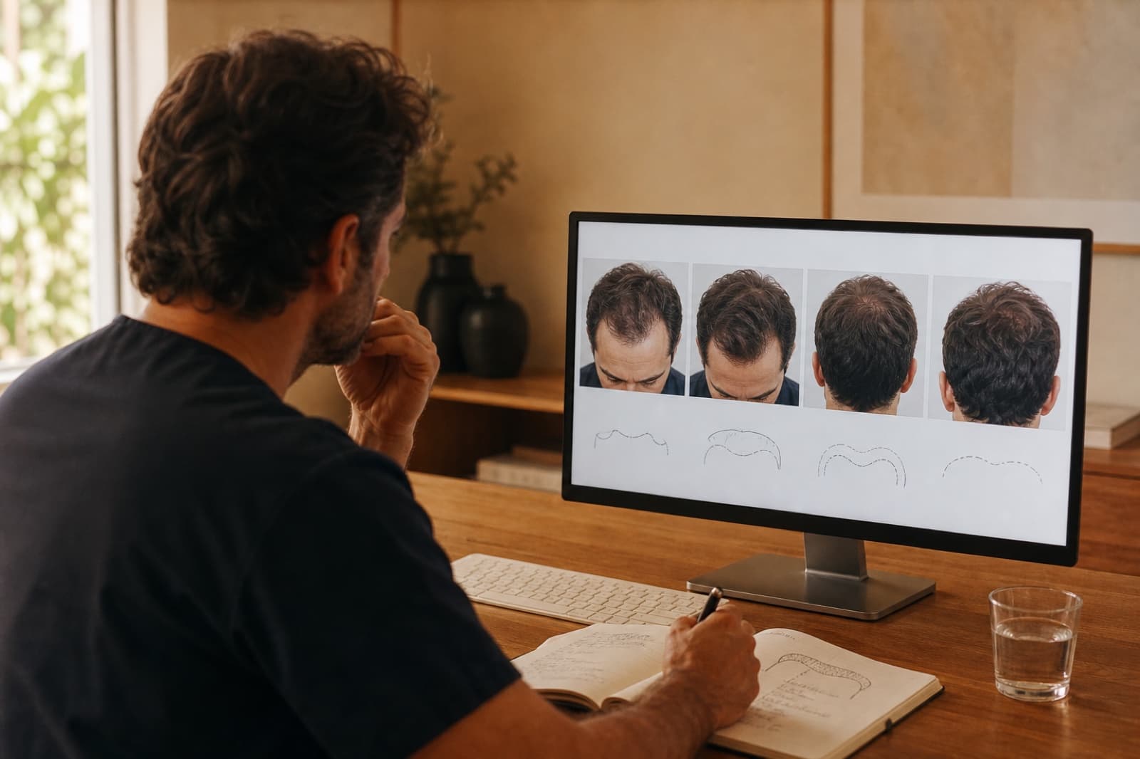A surgeon reviewing photographs of a patient’s hairline