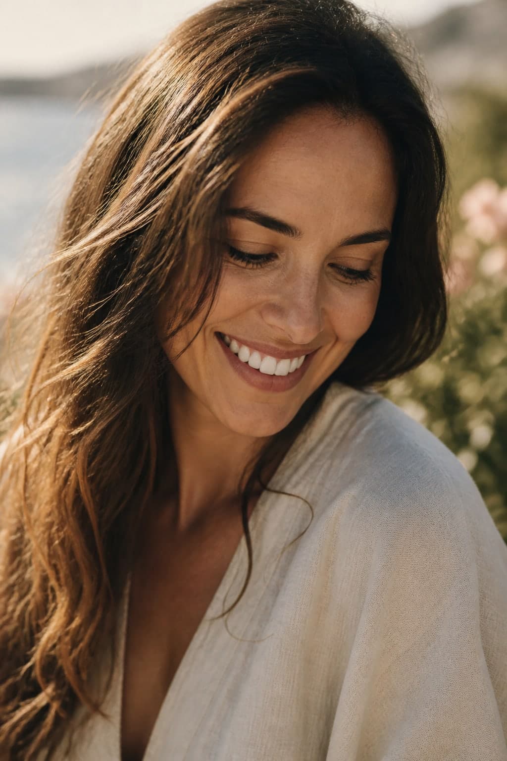 A woman smiling in warm evening light