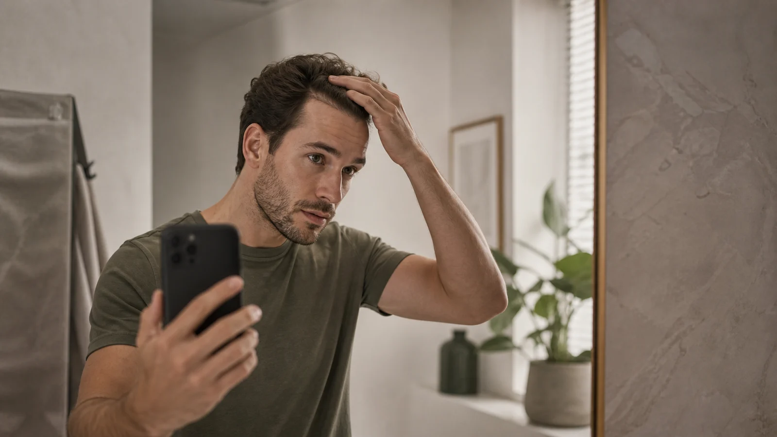 A man checking his hairline while completing his assessment on his phone